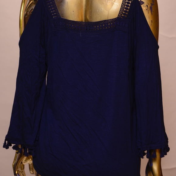 Dark blue top with cut-out shoulders, bell sleeves - Picture 4 of 6